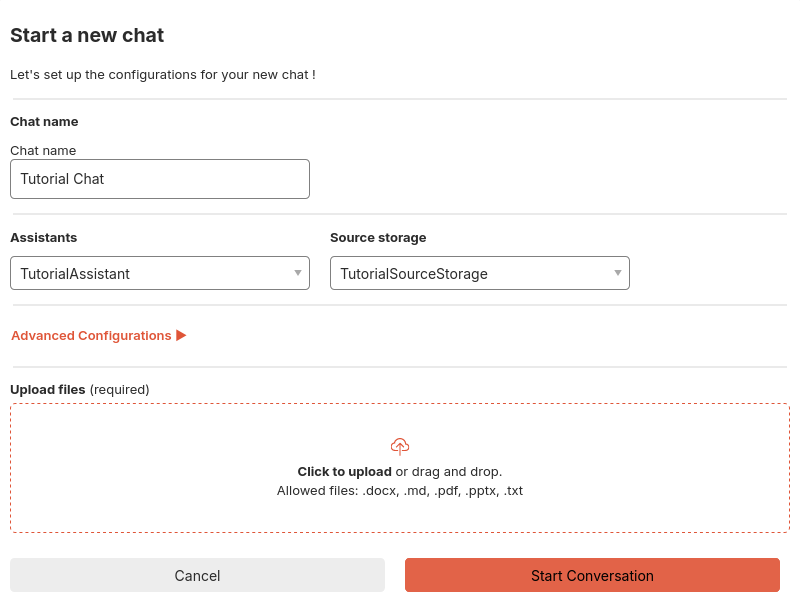 Create-chat-modal of Ragna's web UI with the TutorialSourceStorage and TutorialAssistant as selected options