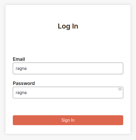 ragna UI login screen with a username and password form. Both the username and
password are filled with the string "ragna" and the password is visible and not
censored